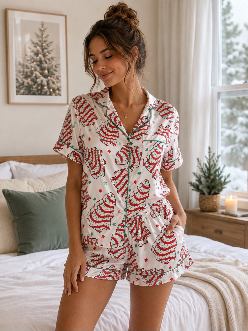 NWT SHESHOW Christmas Tree Satin Pajama Set Small Holiday Sleepwear Shorts set